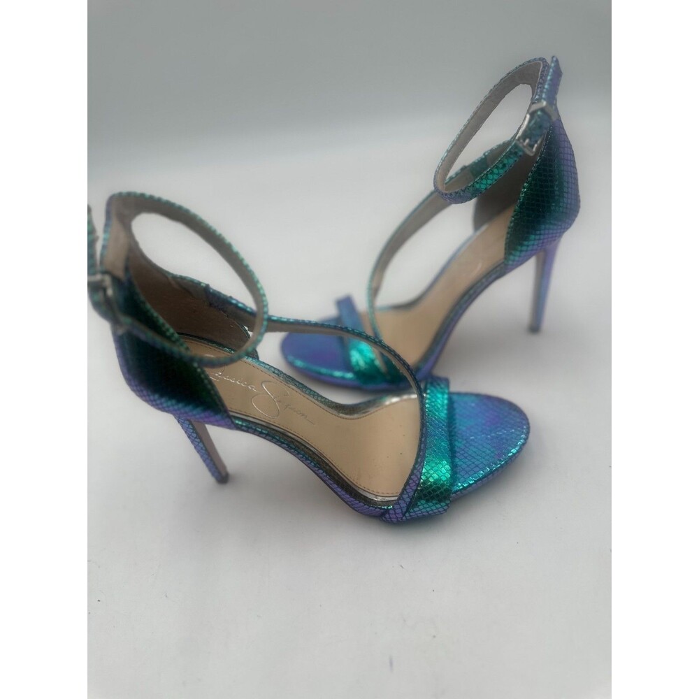 Jessica Simpson Iridescent Metallic Snakeskin Ankle Strap Heels Stilettos Sz 8M